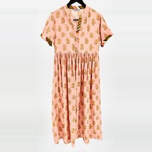 Aarke Ritu Kumar Pastel Pink Floral Cottagecore Striped Trim Maxi Dress